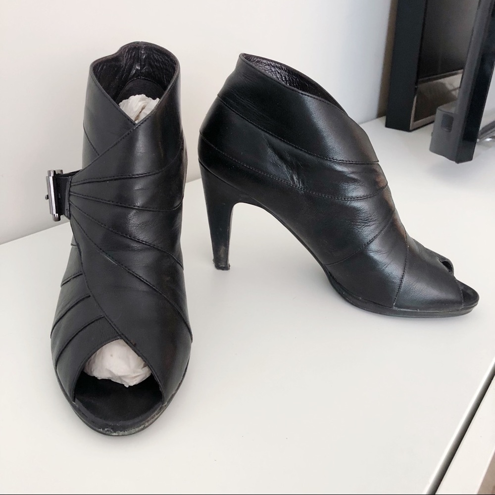 Real Leather Black Buckle Open Peep Toe Heels